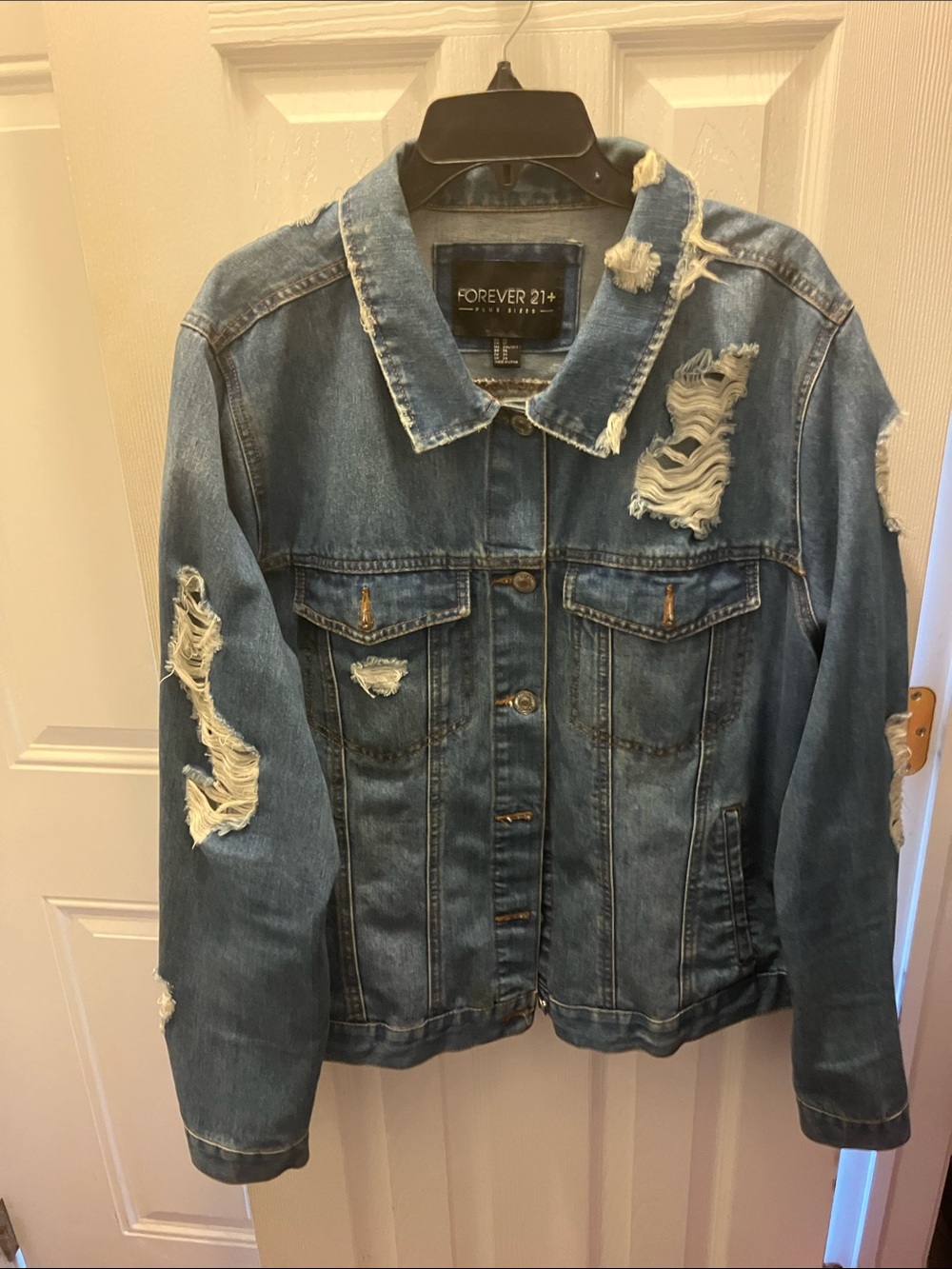 Forever 21 Ripped Medium Blue Denim Jacket - Women's